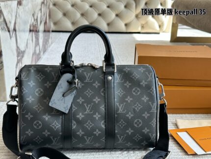 Louis Vuitton Keepall 35 Black & Silver Monogram Luggage Tag Wide Strap Bag