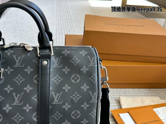 Louis Vuitton Keepall 35 Black & Silver Monogram Luggage Tag Wide Strap Bag - Image 2
