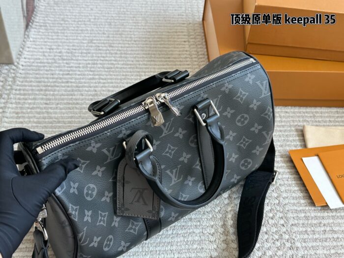 Louis Vuitton Keepall 35 Black & Silver Monogram Luggage Tag Wide Strap Bag - Image 4
