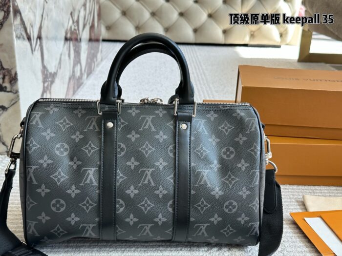 Louis Vuitton Keepall 35 Black & Silver Monogram Luggage Tag Wide Strap Bag - Image 5