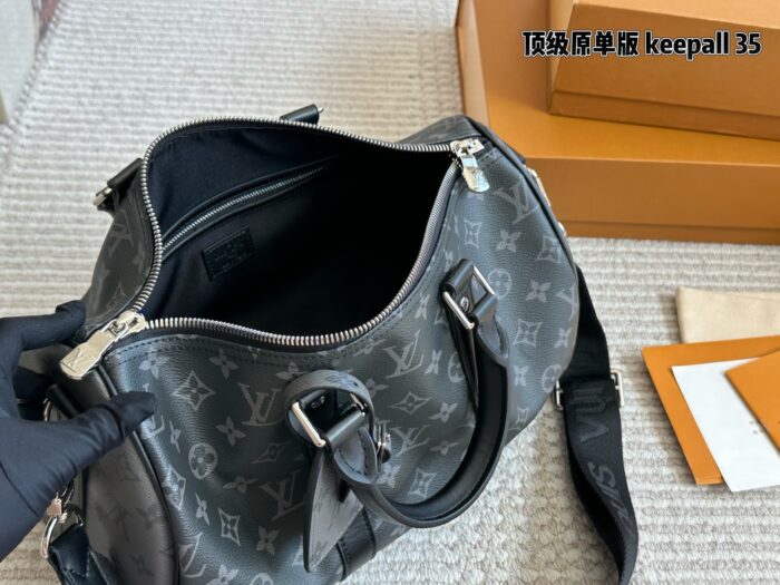 Louis Vuitton Keepall 35 Black & Silver Monogram Luggage Tag Wide Strap Bag - Image 7