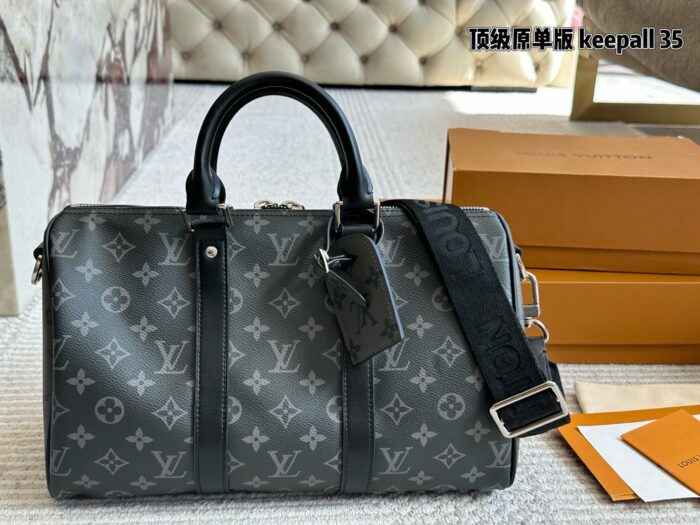 Louis Vuitton Keepall 35 Black & Silver Monogram Luggage Tag Wide Strap Bag - Image 8