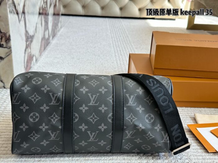 Louis Vuitton Keepall 35 Black & Silver Monogram Luggage Tag Wide Strap Bag - Image 9