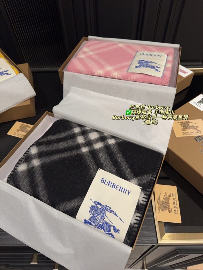 Burberry Wool Scarf - Check Pattern Integrated Edging - Unisex Style - Pure Wool - Image 2