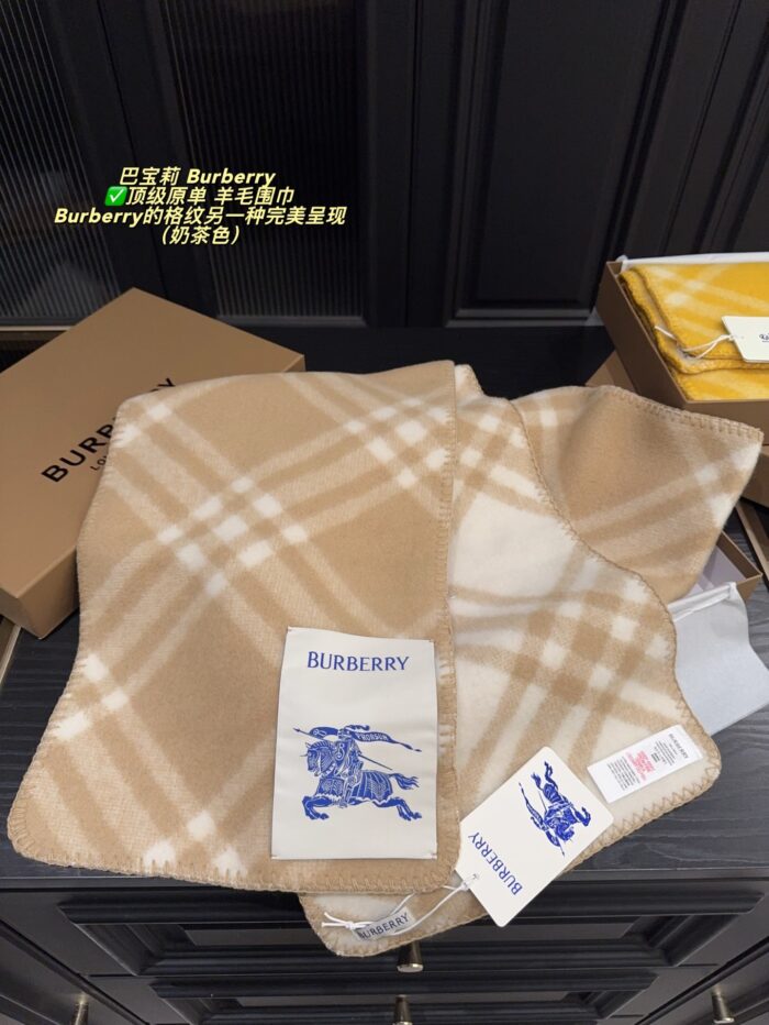 Burberry Wool Scarf - Check Pattern Integrated Edging - Unisex Style - Pure Wool - Image 13