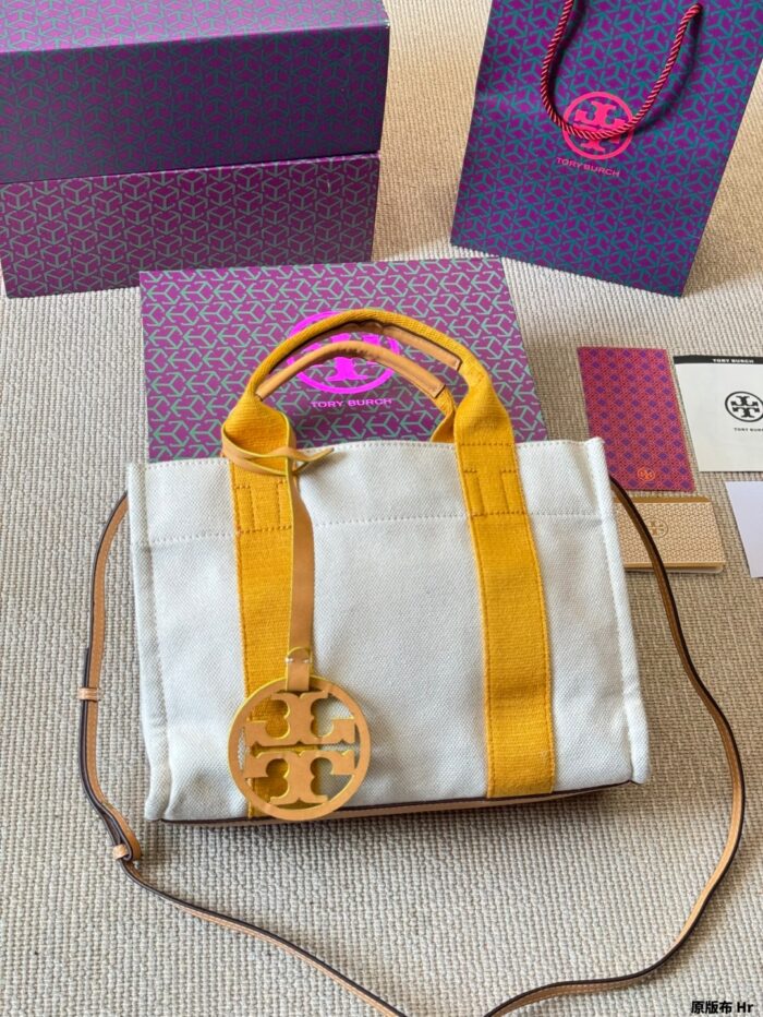 Tory Burch Miller Canvas Tote Bag Shoulder/Crossbody/Handheld Cotton-Linen Blend With Leather Trim Orange/Yellow - Image 1