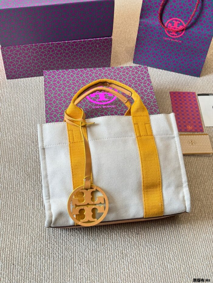 Tory Burch Miller Canvas Tote Bag Shoulder/Crossbody/Handheld Cotton-Linen Blend With Leather Trim Orange/Yellow - Image 2