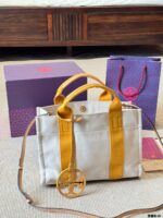 Tory Burch Miller Canvas Tote Bag Shoulder/Crossbody/Handheld Cotton-Linen Blend With Leather Trim Orange/Yellow - Image 3