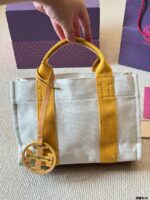 Tory Burch Miller Canvas Tote Bag Shoulder/Crossbody/Handheld Cotton-Linen Blend With Leather Trim Orange/Yellow - Image 4
