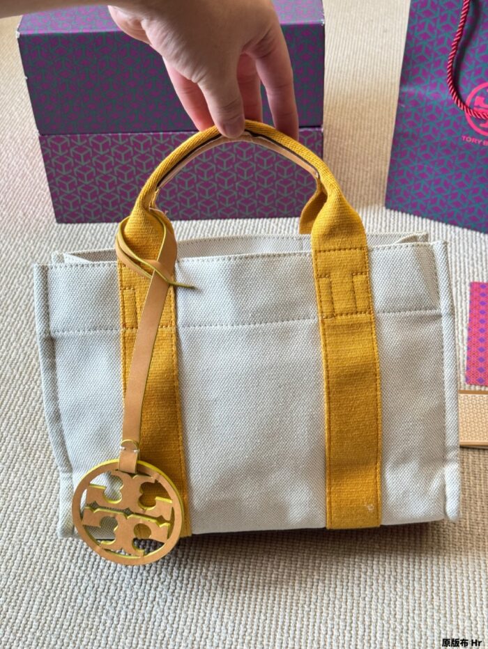 Tory Burch Miller Canvas Tote Bag Shoulder/Crossbody/Handheld Cotton-Linen Blend With Leather Trim Orange/Yellow - Image 4