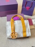 Tory Burch Miller Canvas Tote Bag Shoulder/Crossbody/Handheld Cotton-Linen Blend With Leather Trim Orange/Yellow - Image 5