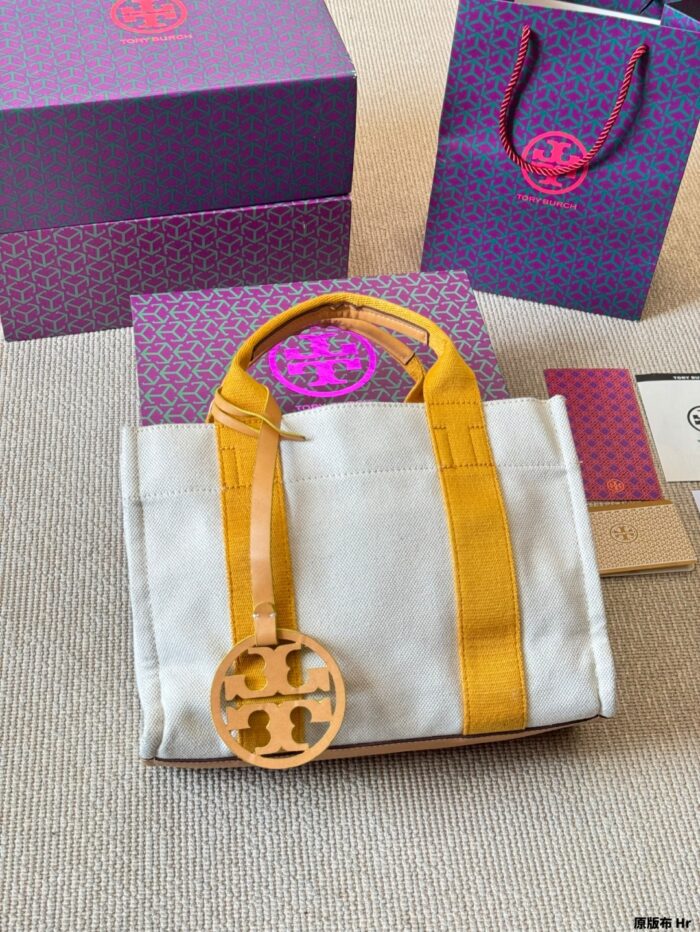Tory Burch Miller Canvas Tote Bag Shoulder/Crossbody/Handheld Cotton-Linen Blend With Leather Trim Orange/Yellow - Image 5