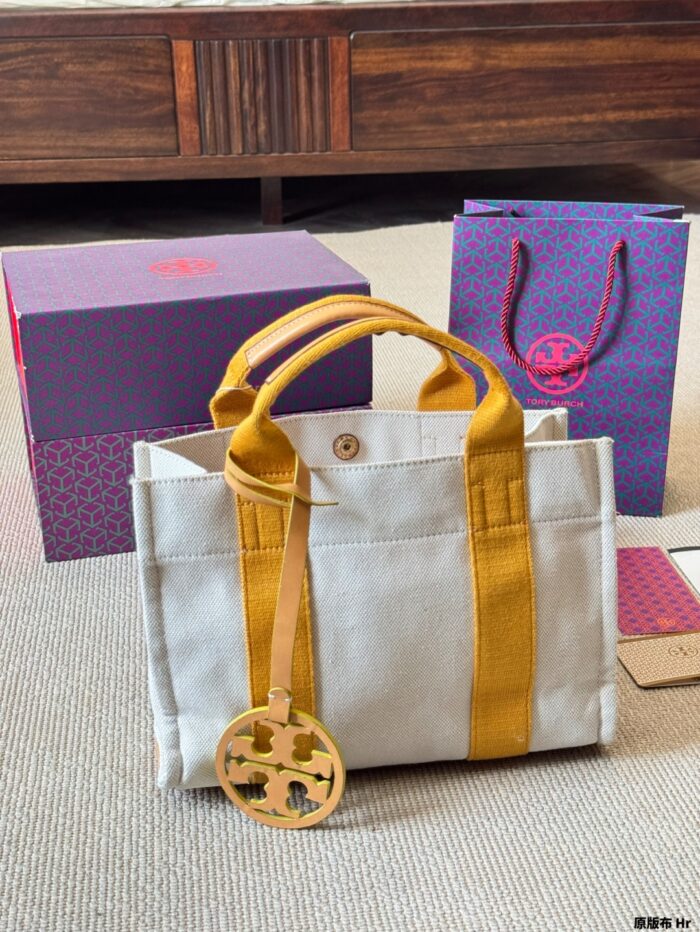Tory Burch Miller Canvas Tote Bag Shoulder/Crossbody/Handheld Cotton-Linen Blend With Leather Trim Orange/Yellow - Image 6
