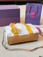 Tory Burch Miller Canvas Tote Bag Shoulder/Crossbody/Handheld Cotton-Linen Blend With Leather Trim Orange/Yellow - Image 7