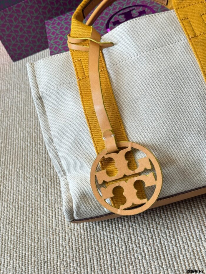 Tory Burch Miller Canvas Tote Bag Shoulder/Crossbody/Handheld Cotton-Linen Blend With Leather Trim Orange/Yellow - Image 8
