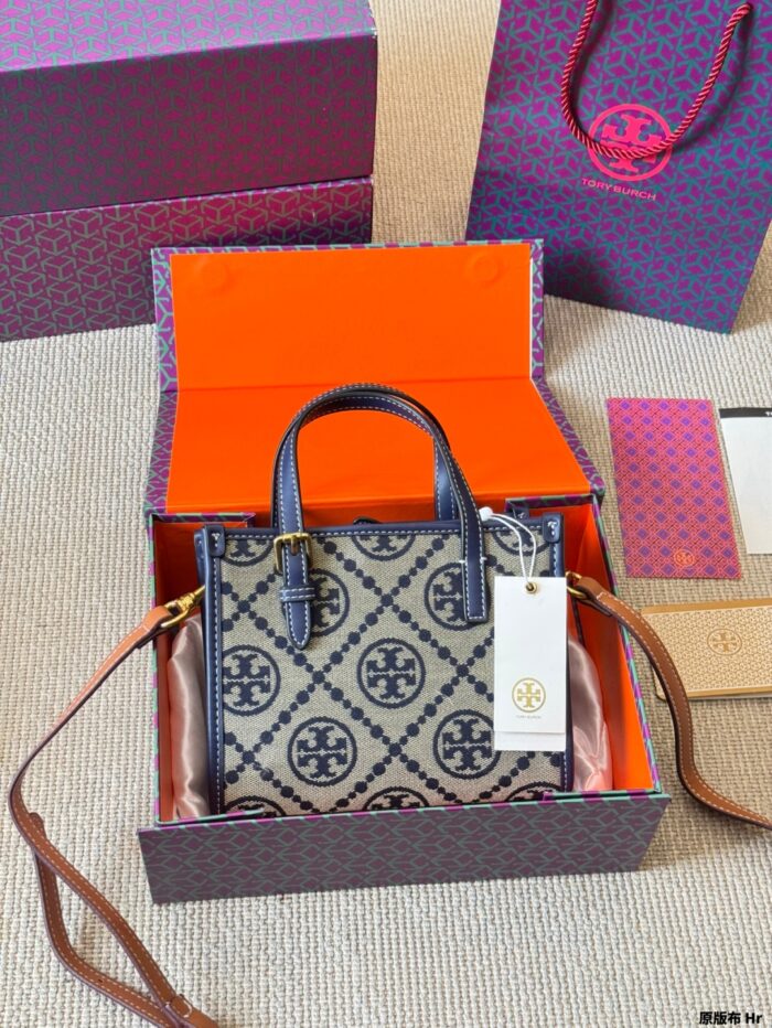 Tory Burch Mini Monogram Tote Jacquard Woven Fabric With Leather Trim Detachable Crossbody Strap And Adjustable Top Handles - Image 1