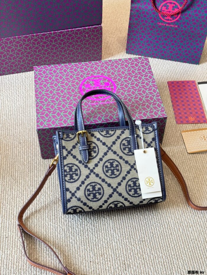 Tory Burch Mini Monogram Tote Jacquard Woven Fabric With Leather Trim Detachable Crossbody Strap And Adjustable Top Handles - Image 2