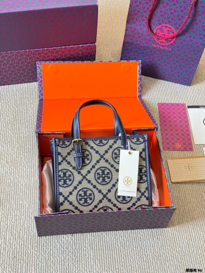 Tory Burch Mini Monogram Tote Jacquard Woven Fabric With Leather Trim Detachable Crossbody Strap And Adjustable Top Handles - Image 3