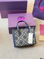Tory Burch Mini Monogram Tote Jacquard Woven Fabric With Leather Trim Detachable Crossbody Strap And Adjustable Top Handles - Image 4