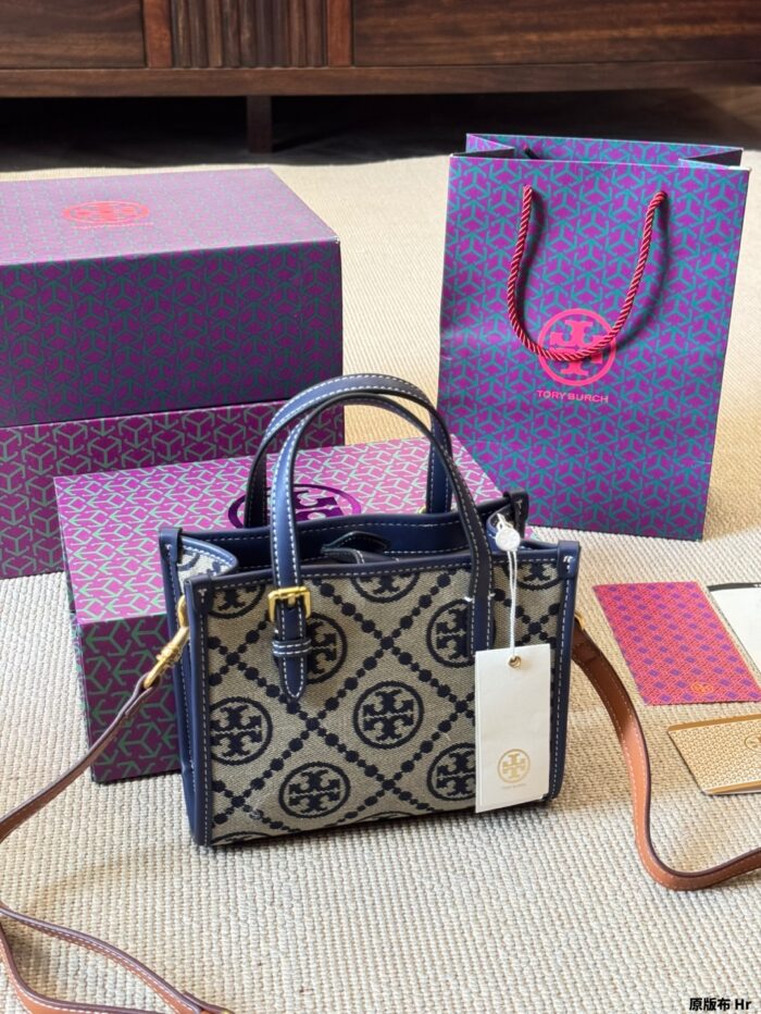 Tory Burch Mini Monogram Tote Jacquard Woven Fabric With Leather Trim Detachable Crossbody Strap And Adjustable Top Handles - Image 5