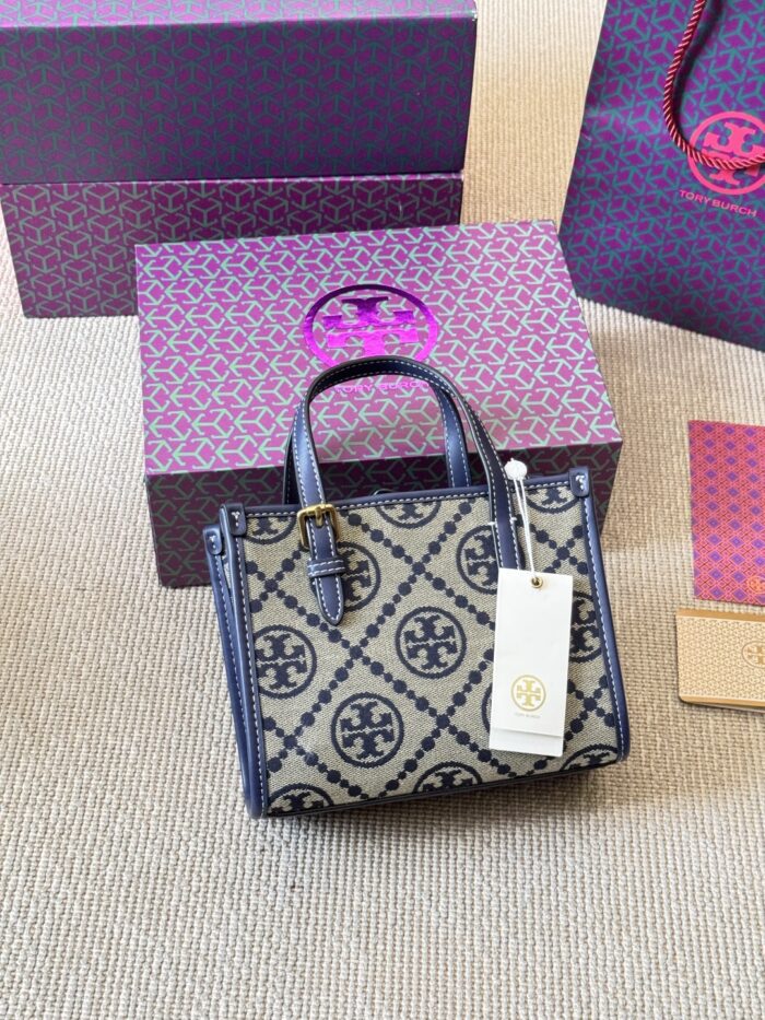 Tory Burch Mini Monogram Tote Jacquard Woven Fabric With Leather Trim Detachable Crossbody Strap And Adjustable Top Handles - Image 6
