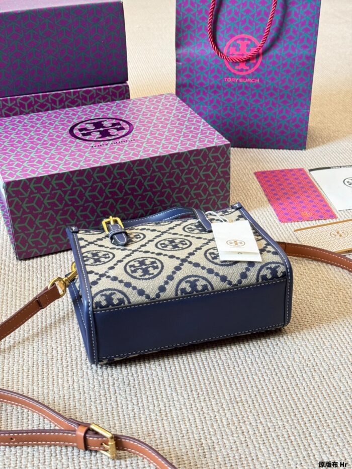 Tory Burch Mini Monogram Tote Jacquard Woven Fabric With Leather Trim Detachable Crossbody Strap And Adjustable Top Handles - Image 7