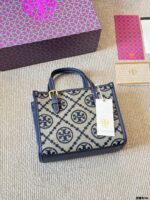 Tory Burch Mini Monogram Tote Jacquard Woven Fabric With Leather Trim Detachable Crossbody Strap And Adjustable Top Handles - Image 8