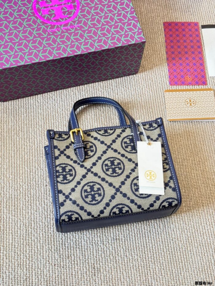 Tory Burch Mini Monogram Tote Jacquard Woven Fabric With Leather Trim Detachable Crossbody Strap And Adjustable Top Handles - Image 8