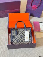 Tory Burch Mini Monogram Tote Jacquard Woven Fabric With Leather Trim Detachable Crossbody Strap And Adjustable Top Handles - Image 11