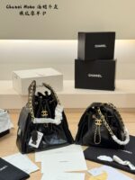 Chanel 25Cm Spring/Summer New Arrival Hobo Bag In Oil-Waxed Calfskin With Drawstring Closure. Glossy Black & Gold. Effortlessly Relaxed Silhouette.