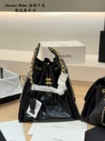 Chanel 25Cm Spring/Summer New Arrival Hobo Bag In Oil-Waxed Calfskin With Drawstring Closure. Glossy Black & Gold. Effortlessly Relaxed Silhouette. - Image 2