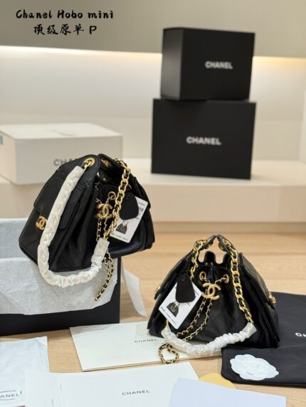 Chanel 25C Small Hobo Drawstring Bucket Bag - Calfskin - Drawstring Closure - Side Pockets - Generous Capacity - Stylish