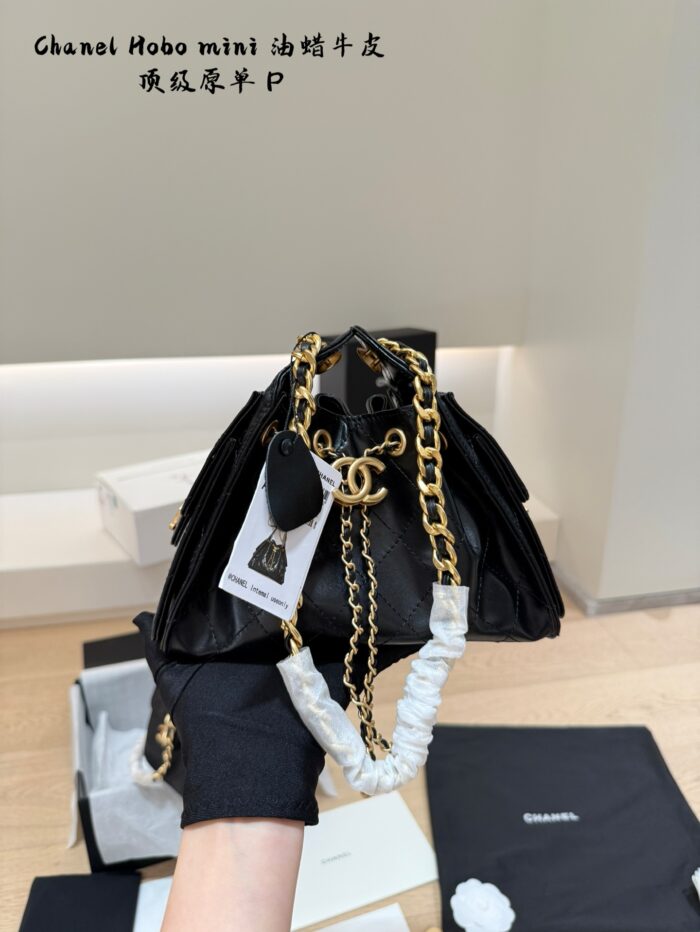 Chanel 25C Small Hobo Drawstring Bucket Bag - Calfskin - Drawstring Closure - Side Pockets - Generous Capacity - Stylish - Image 8