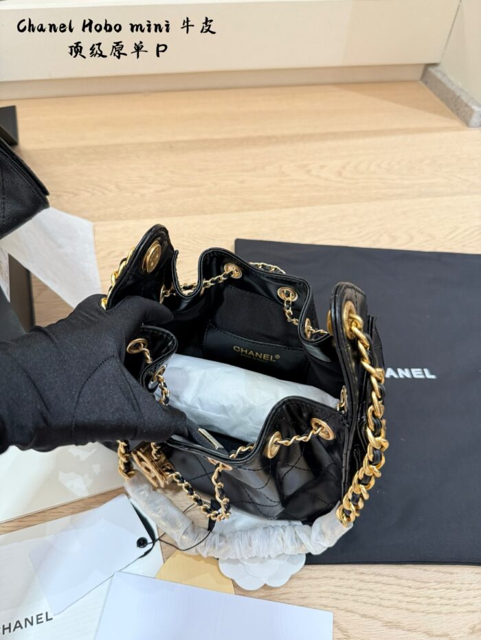 Chanel 25C Small Hobo Drawstring Bucket Bag - Calfskin - Drawstring Closure - Side Pockets - Generous Capacity - Stylish - Image 9