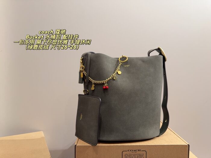 Coach Bucket Bag With Charm Accessory Versatile Bag Elegant Underarm Carry, Handheld Or Crossbody Genuine Cowhide Leather - Image 11