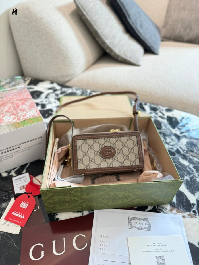 Gucci Gg Supreme Mini Box Bag Double G Monogram Canvas With Leather Trim Detachable Shoulder Strap Same Style As Xiao Zhan'S - Image 1