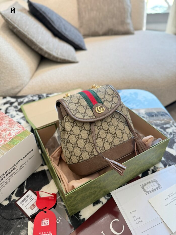 Gucci Ophidia Mini Backpack Gg Supreme Canvas Leather Trim Double G Metal Logo Red & Green Webbing Adjustable - Image 2