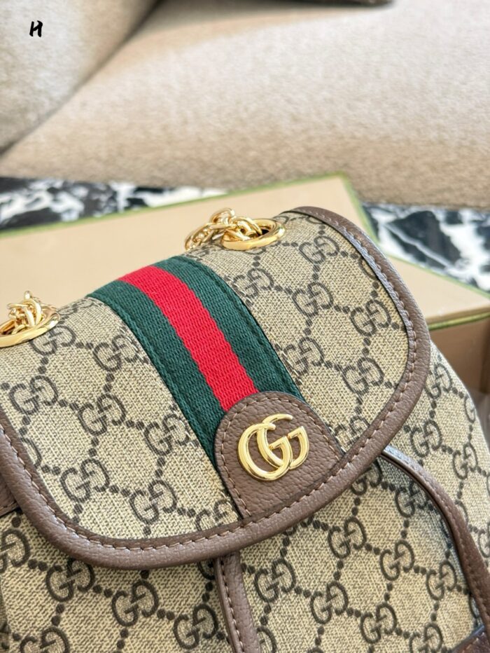 Gucci Ophidia Mini Backpack Gg Supreme Canvas Leather Trim Double G Metal Logo Red & Green Webbing Adjustable - Image 3