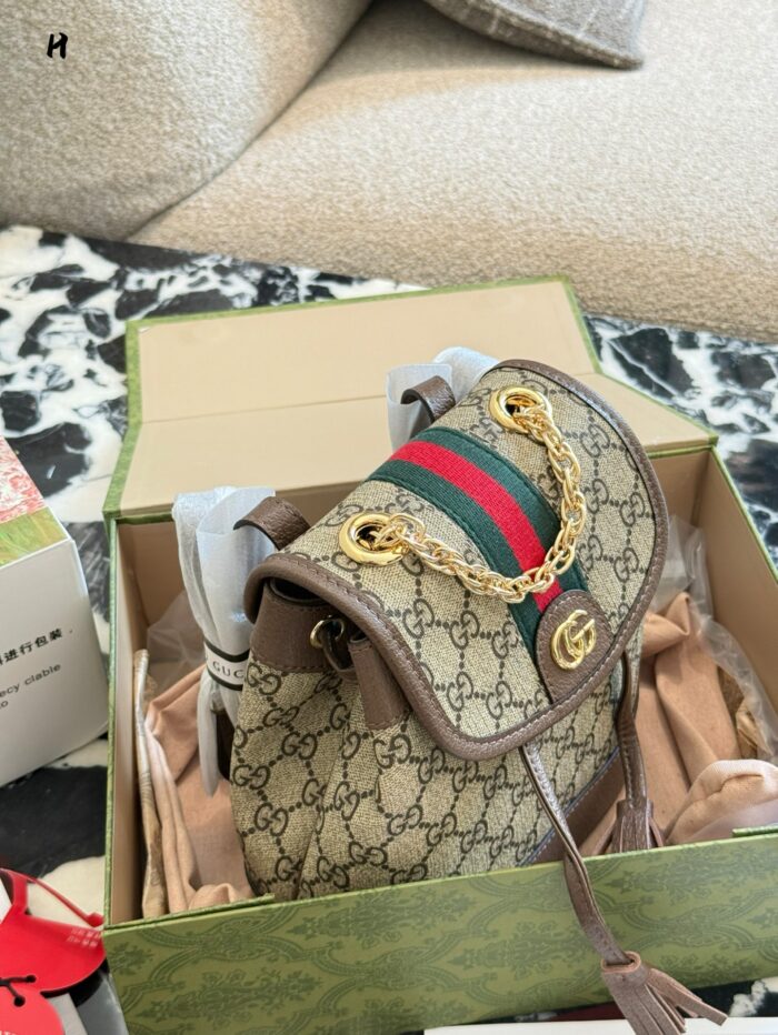 Gucci Ophidia Mini Backpack Gg Supreme Canvas Leather Trim Double G Metal Logo Red & Green Webbing Adjustable - Image 4