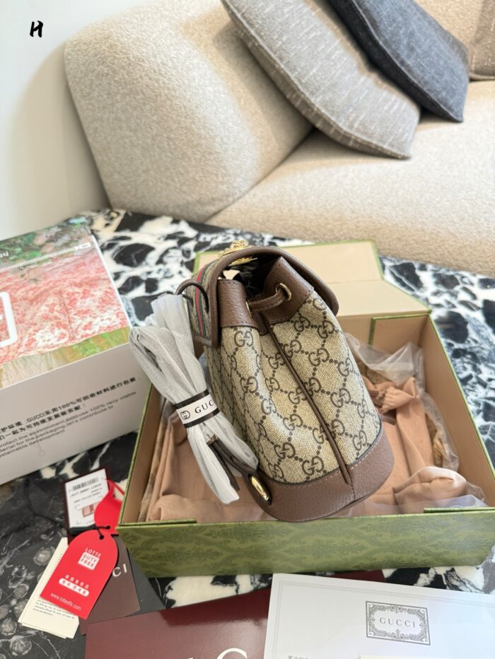 Gucci Ophidia Mini Backpack Gg Supreme Canvas Leather Trim Double G Metal Logo Red & Green Webbing Adjustable - Image 5
