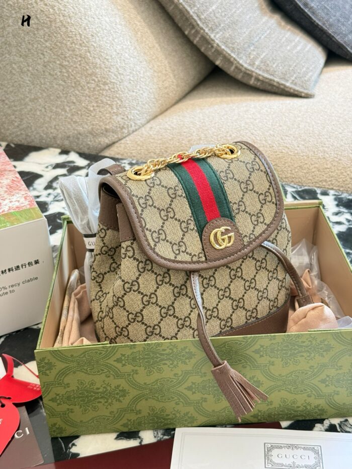 Gucci Ophidia Mini Backpack Gg Supreme Canvas Leather Trim Double G Metal Logo Red & Green Webbing Adjustable - Image 7