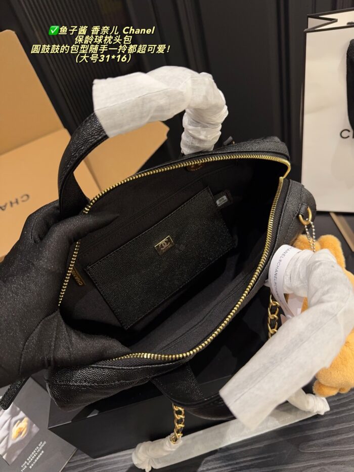 Chanel Bowling Bag: Caviar-Patterned, Puffed Silhouette, Detachable Chain Strap, Versatile Crossbody/Handheld, Generous Capacity - Image 9