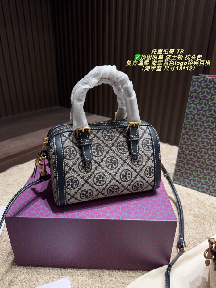 Tory Burch Boston Pillow Bag Vintage Floral Pattern Navy Blue Logo Wide Shoulder Strap Handheld Or Crossbody Generous Capacity - Image 8