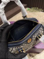 Tory Burch Boston Pillow Bag Vintage Floral Pattern Navy Blue Logo Wide Shoulder Strap Handheld Or Crossbody Generous Capacity - Image 9