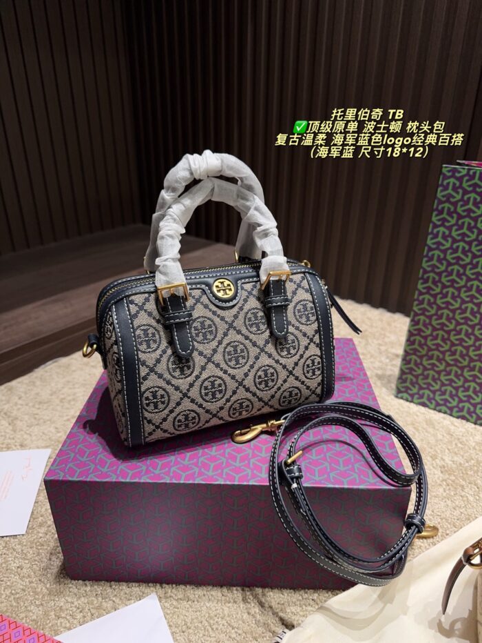 Tory Burch Boston Pillow Bag Vintage Floral Pattern Navy Blue Logo Wide Shoulder Strap Handheld Or Crossbody Generous Capacity - Image 11