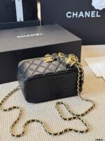 Chanel Double C Logo Adjustable Buckle Box-Shaped Makeup Case In Quilted Lambskin Chain Handle With Built-In Mirror Can Be Carried By Hand Or Worn Crossbody - Image 7
