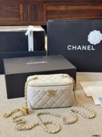 Chanel Double C Logo Adjustable Buckle Box-Shaped Makeup Case In Quilted Lambskin Chain Handle With Built-In Mirror Can Be Carried By Hand Or Worn Crossbody - Image 10