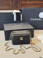 Chanel Double C Logo Adjustable Buckle Box-Shaped Makeup Case In Quilted Lambskin Chain Handle With Built-In Mirror Can Be Carried By Hand Or Worn Crossbody - Image 13