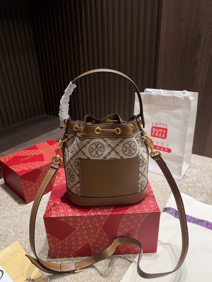 Tory Burch Monogram Denim Bucket Bag Distressed Wash Denim Vintage Look Generous Capacity - Image 3