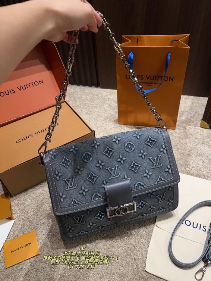 Louis Vuitton Soft Dauphine Denim Crossbody Bag Water-Rippled Pattern With Gold Buckle Black And Gold Colour Scheme Sturdy, Structured Silhouette Dual-Strap Interchangeability - Image 3